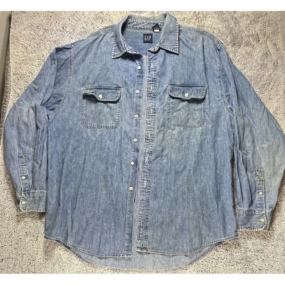 VTG Gap Denim Shirt Mens XL Button Down Distressed Jean Work Y2K‎ 90s